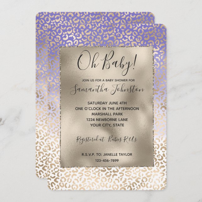 Girly Purple Gold Ombre Leopard Print Invitation (Front/Back)