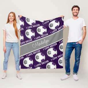 girly purple grey sports I love soccer text Fleece Blanket