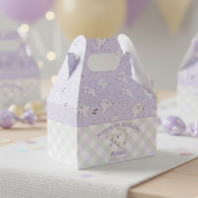 Girly Purple Happy First Birthday Halloween Favour Box (Spooky One Ghost Party Halloween 1st Birthday Ghost Favor Boxes. Cute Purple October Birthday Boxes)
