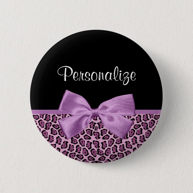 Girly Purple Jaguar Print Cute Bow With Name 6 Cm Round Badge (Front)