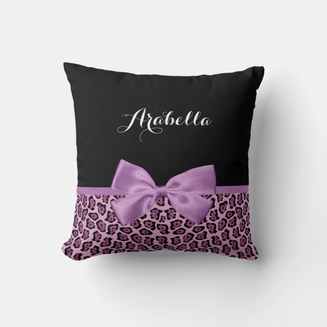 Girly Purple Jaguar Print Cute Bow With Name Cushion (Front)