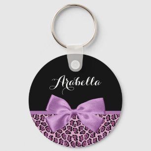 Girly Purple Jaguar Print Cute Bow With Name Key Ring