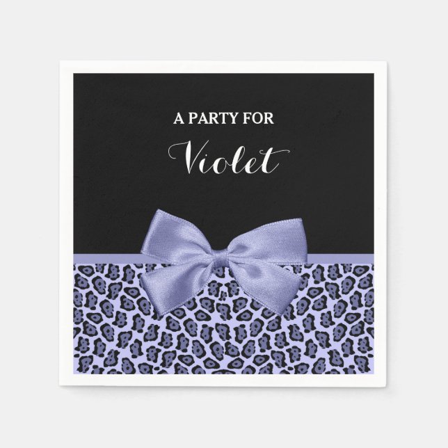 Girly Purple Jaguar Print Lavender Bow With Name Napkin (Front)