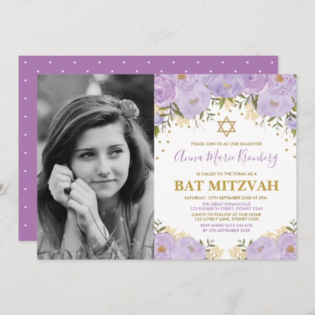 Girly Purple Lavender Gold Floral Bat Mitzvah Invitation (Front/Back)