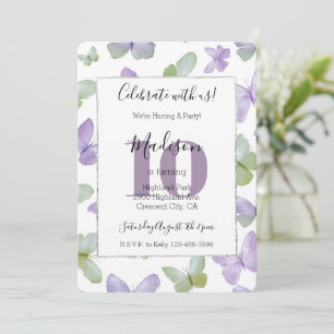 Girly Purple Mint Butterflies 10th Birthday Invitation