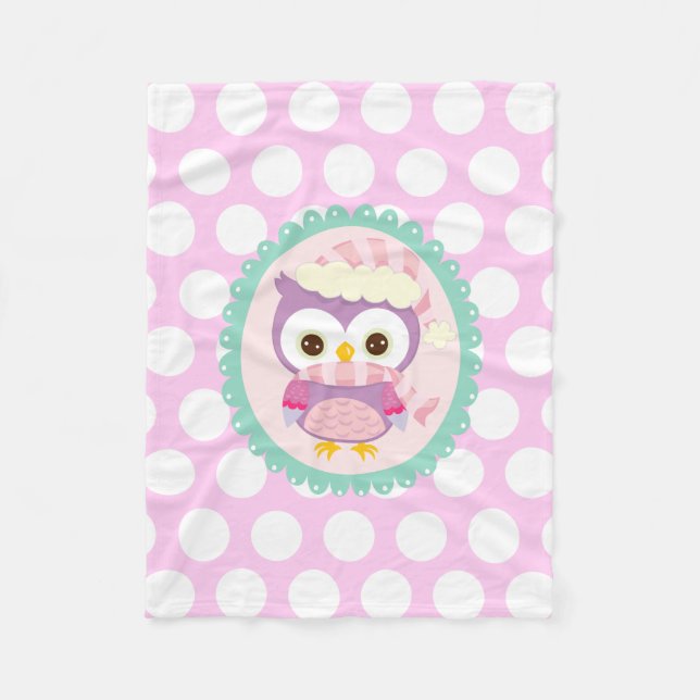 Girly Purple Owl Winter Light Purple Polka Dots Fleece Blanket (Front)