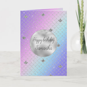 Girly Purple Pink Aqua Silver Mermaid Glitter Card