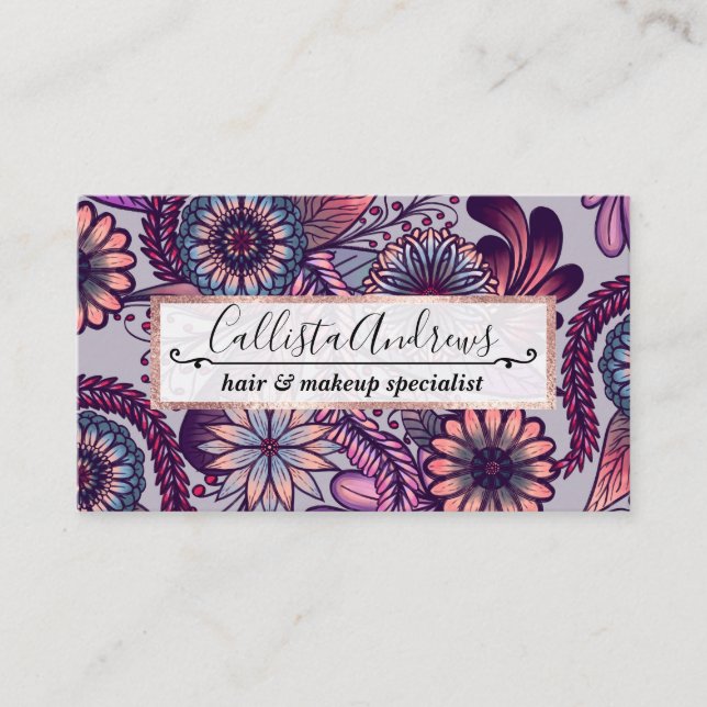 Girly Purple Pink Coral Blue Painted Floral Drawin Business Card (Front)