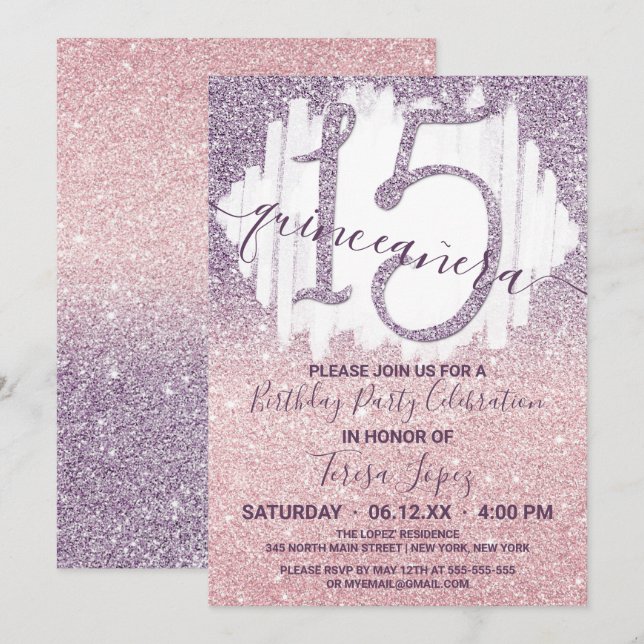 Girly Purple Pink Faux Glitter Ombre Quinceañera Invitation (Front/Back)