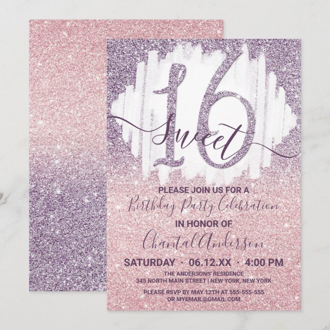 Girly Purple Pink Faux Glitter Ombre Sweet Sixteen Invitation (Front/Back)