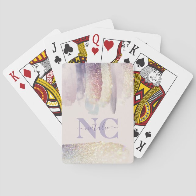 Girly purple pink glitter sparkle initial name playing cards (Back)
