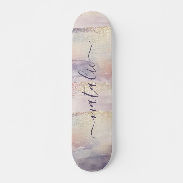 Girly purple pink glitter sparkle initial name skateboard (Front)