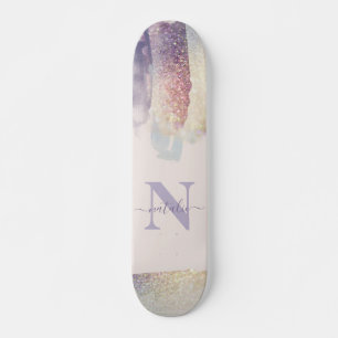 Girly purple pink glitter sparkle initial name skateboard