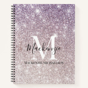 Girly Purple Pink Ombre Glitter Monogram Name Notebook