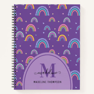 Girly Purple Rainbow Heart Script Monogram Boho Notebook