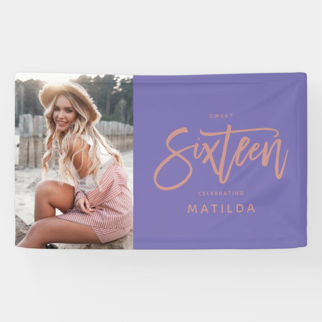 girly purple rose gold 16th sixteen birthday banner (Horizontal)