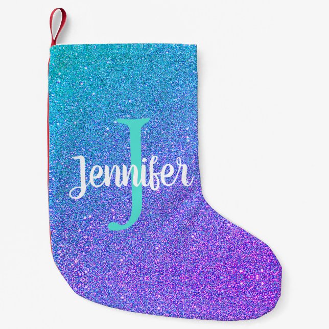 Girly Purple Teal Sparkling Glitter Monogrammed Small Christmas Stocking (Front)