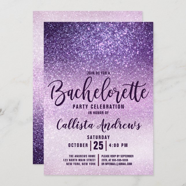 Girly Purple Triple Glitter Bachelorette Invitation (Front/Back)