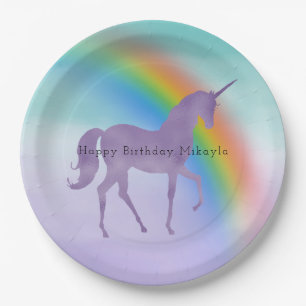 Girly Purple Unicorn Rainbow Personalised Paper Plate