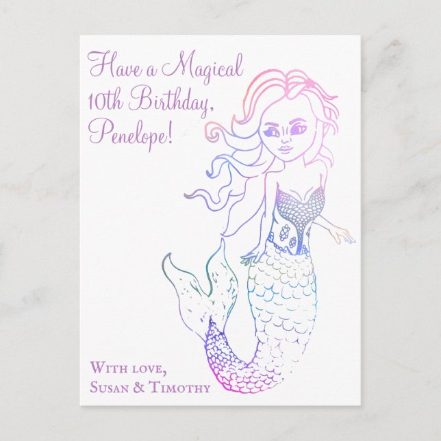 Girly Purple Watercolor Mermaid Art Happy Birthday Postcard (Front)