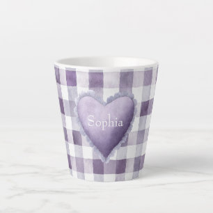 Girly Purple White Plaid Stripes Heart Name Latte Mug