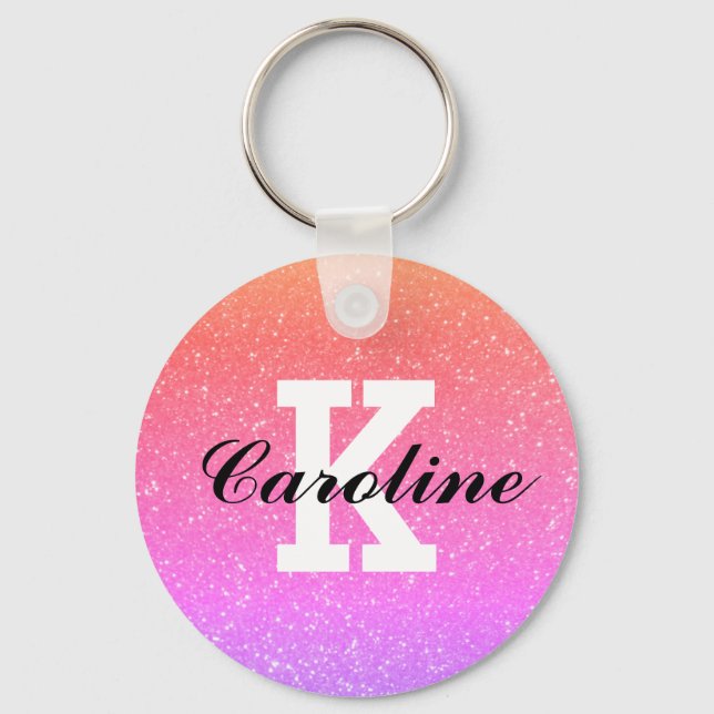 Girly rainbow colour glitter custom name monogram key ring (Front)