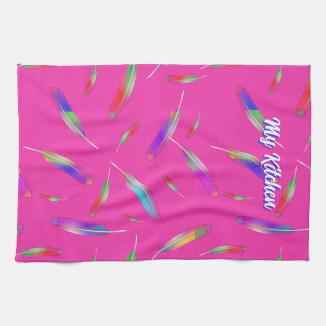 Girly Rainbow Feathers Hot Pink Script Tea Towel (Horizontal)