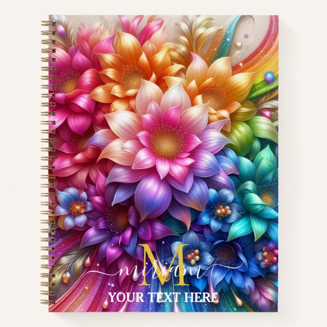 Girly Rainbow Floral Flower Monogram Notebook (Front)