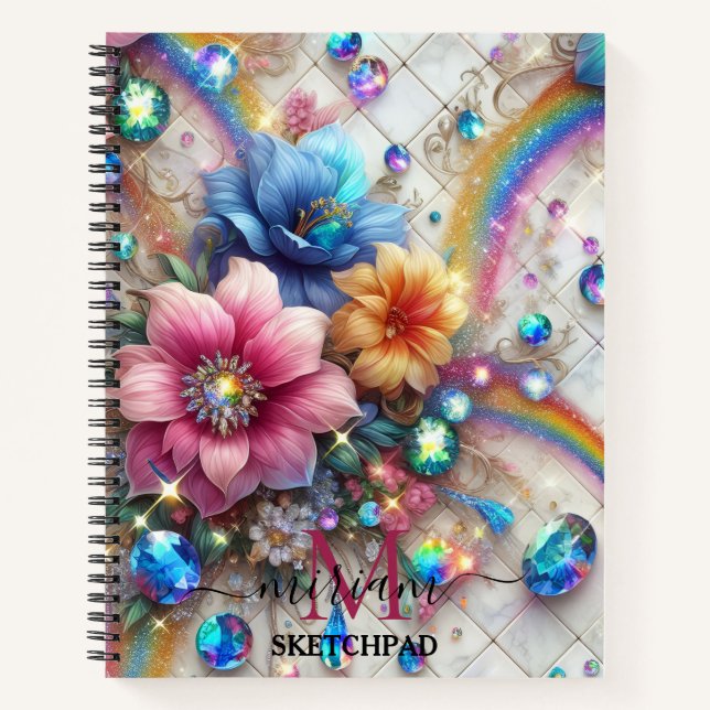 Girly Rainbow Floral Flower Monogram Notebook (Front)