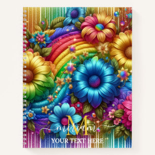 Girly Rainbow Floral Flower Monogram Notebook