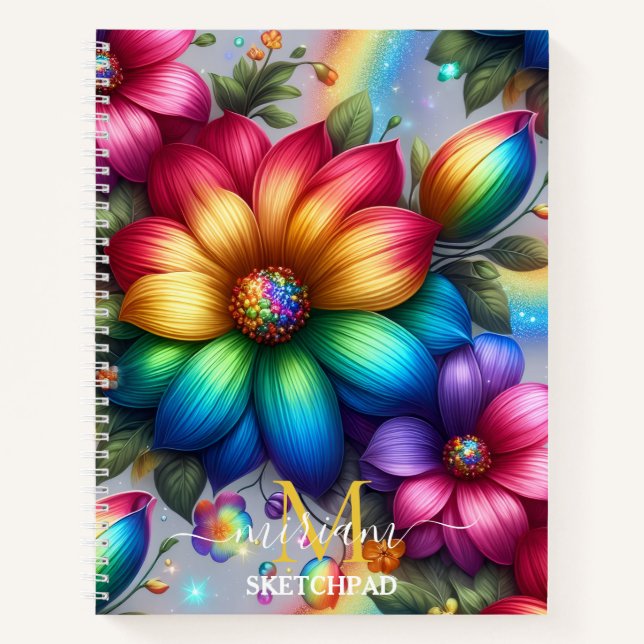Girly Rainbow Floral Flower Monogram Notebook (Front)