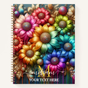Girly Rainbow Floral Flower Monogram Notebook