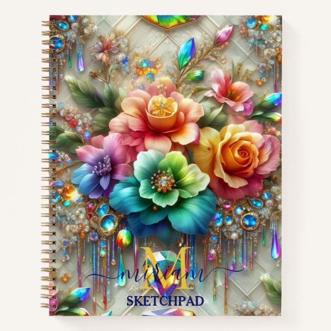 Girly Rainbow Floral Flower Monogram Notebook (Front)
