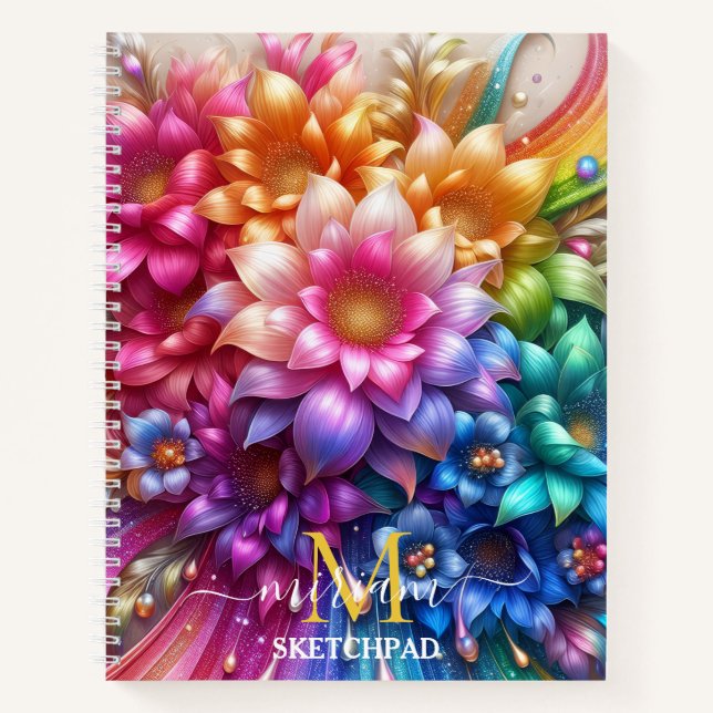 Girly Rainbow Floral Flower Monogram Notebook (Front)