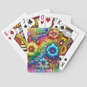 Girly Rainbow Floral Flower Monogram Playing Cards