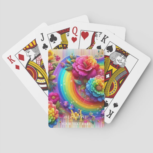 Girly Rainbow Floral Flower Monogram Playing Cards (Back)