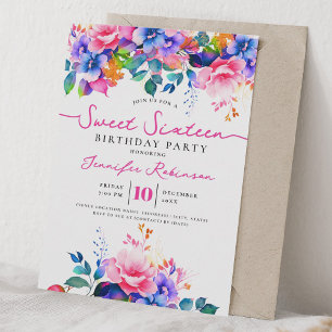 Girly Rainbow Floral Sweet 16 Birthday Party  Invitation