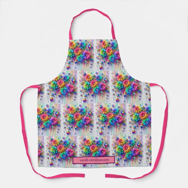 Girly Rainbow Flowers and Glitter Drips Apron (Front)