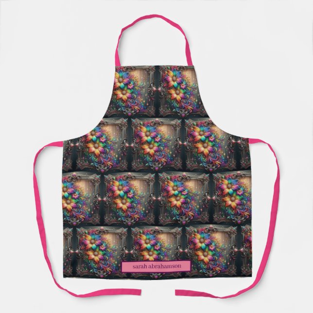 Girly Rainbow Flowers and Glitter Drips Apron (Front)