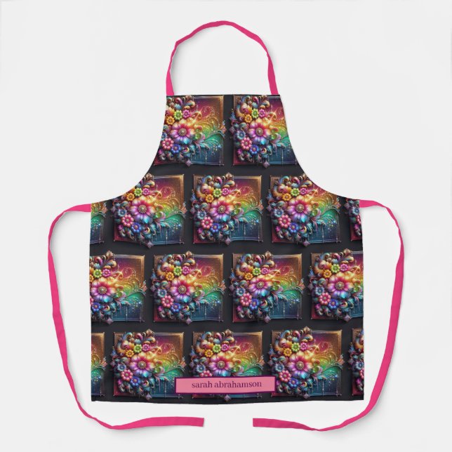 Girly Rainbow Flowers and Glitter Drips Apron (Front)