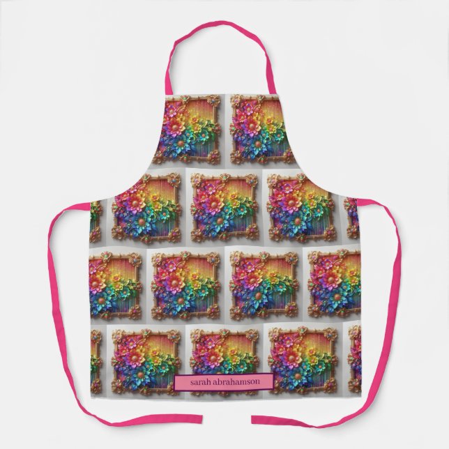 Girly Rainbow Flowers and Glitter Drips Apron (Front)
