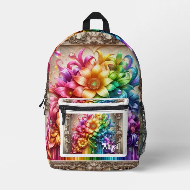 Girly Rainbow Flowers with Glitter Drips Backpack (Front)