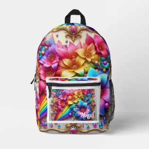 Girly Rainbow Flowers with Glitter Drips Backpack