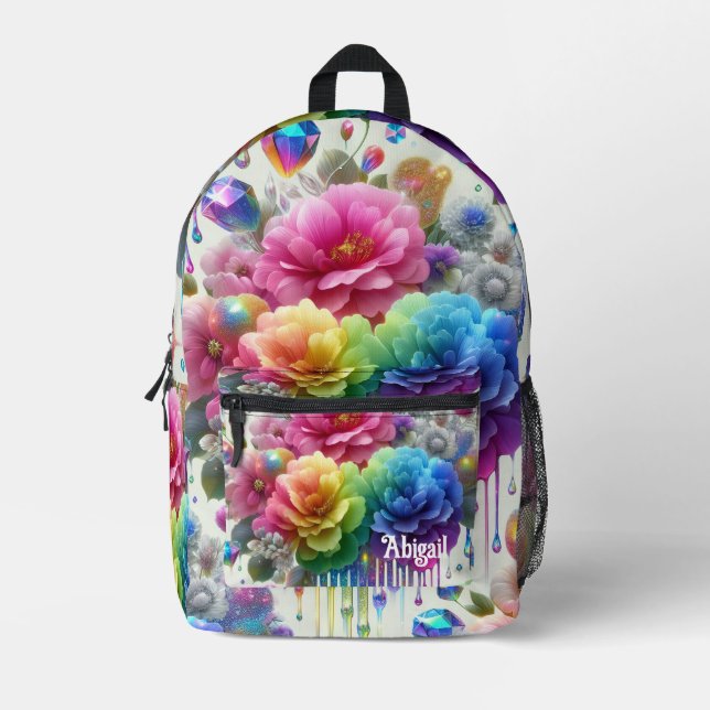 Girly Rainbow Flowers with Glitter Drips Backpack (Front)