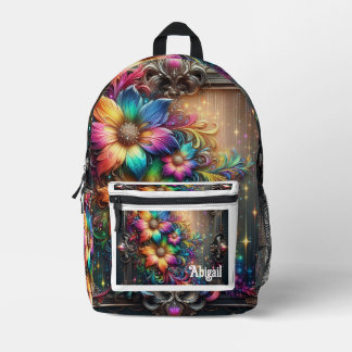 Girly Rainbow Flowers with Glitter Drips Backpack