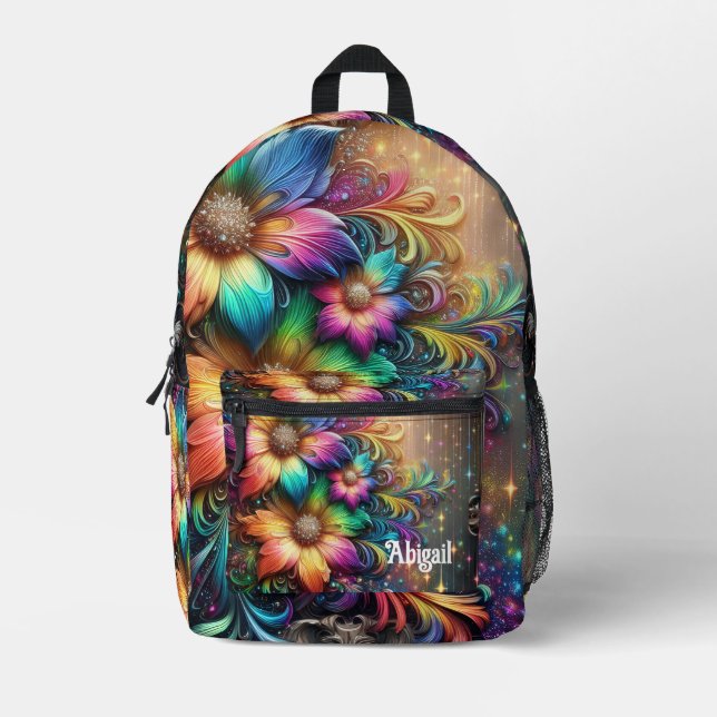Girly Rainbow Flowers with Glitter Drips Backpack (Front)