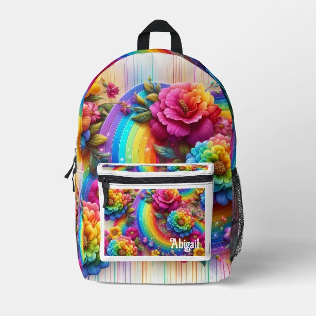 Girly Rainbow Flowers with Glitter Drips Backpack (Front)