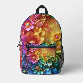 Girly Rainbow Flowers with Glitter Drips Backpack