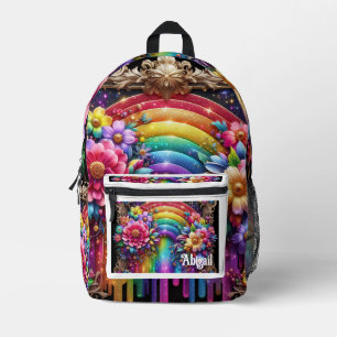 Girly Rainbow Flowers with Glitter Drips Backpack