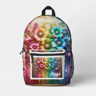 Girly Rainbow Flowers with Glitter Drips Backpack